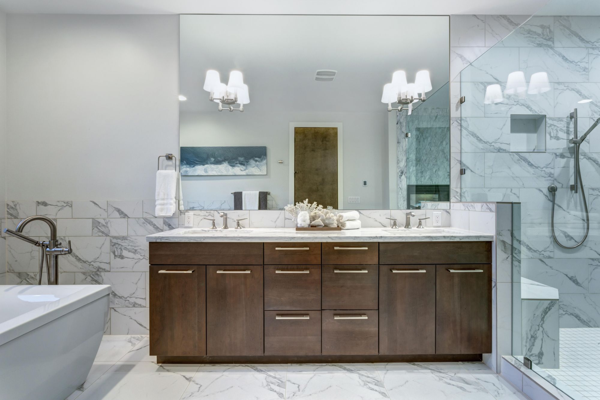 Large custom rectangle bathroom mirror custom cut and installed by Great Lakes Glass